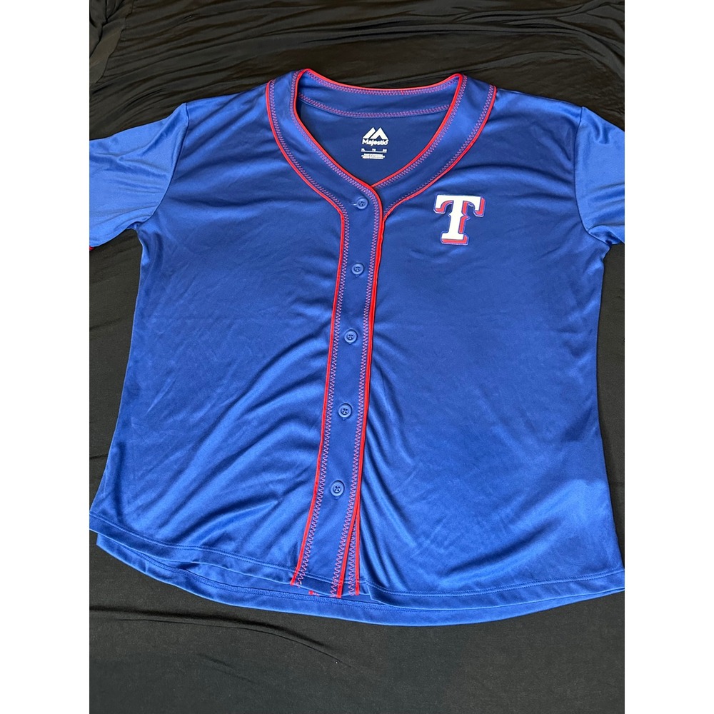 Majestic Texas Rangers MLB Baseball Jersey Blue Red XL Mens Button Front Top